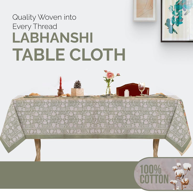 Labhanshi Indian Handblock Print Pre-Washed Cotton Floral 60x90 Inch Rectangle 6-Seater TableCloth|Rustic Farmhouse Decorative Party Event Wedding Banquet Thanksgiving Festive holiday Decor|Sage Green - Image 3