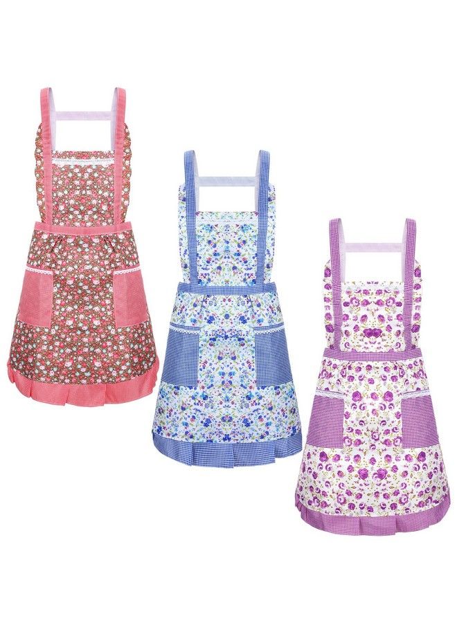 Zhanmai 3 Pieces Women Floral Aprons Kitchen With Pockets Soft Chef Aprons Adjustable Cooking Aprons For Cooking Gardening (Purple Blue Peach) - Image 1