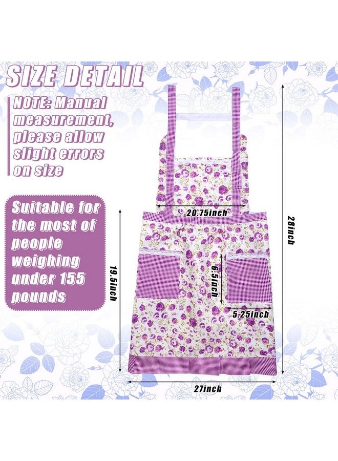 Zhanmai 3 Pieces Women Floral Aprons Kitchen With Pockets Soft Chef Aprons Adjustable Cooking Aprons For Cooking Gardening (Purple Blue Peach) - Image 3