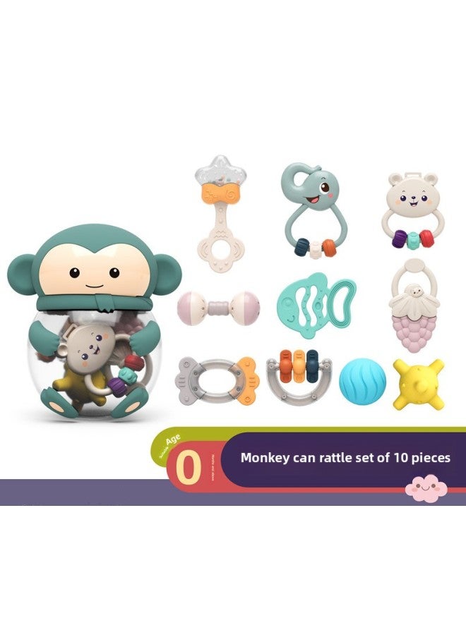 Meibeile Baby Hand Rattle Teeth Gel Soothing Toys Educational Early Education Grasping Bite Boiled Newborn Gift-Color:Small Monkey Storage Can Tooth Glue Rattle 10-piece Set  - Image 1