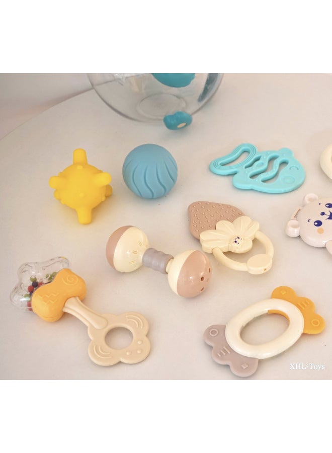 Meibeile Baby Hand Rattle Teeth Gel Soothing Toys Educational Early Education Grasping Bite Boiled Newborn Gift-Color:Small Monkey Storage Can Tooth Glue Rattle 10-piece Set  - Image 5
