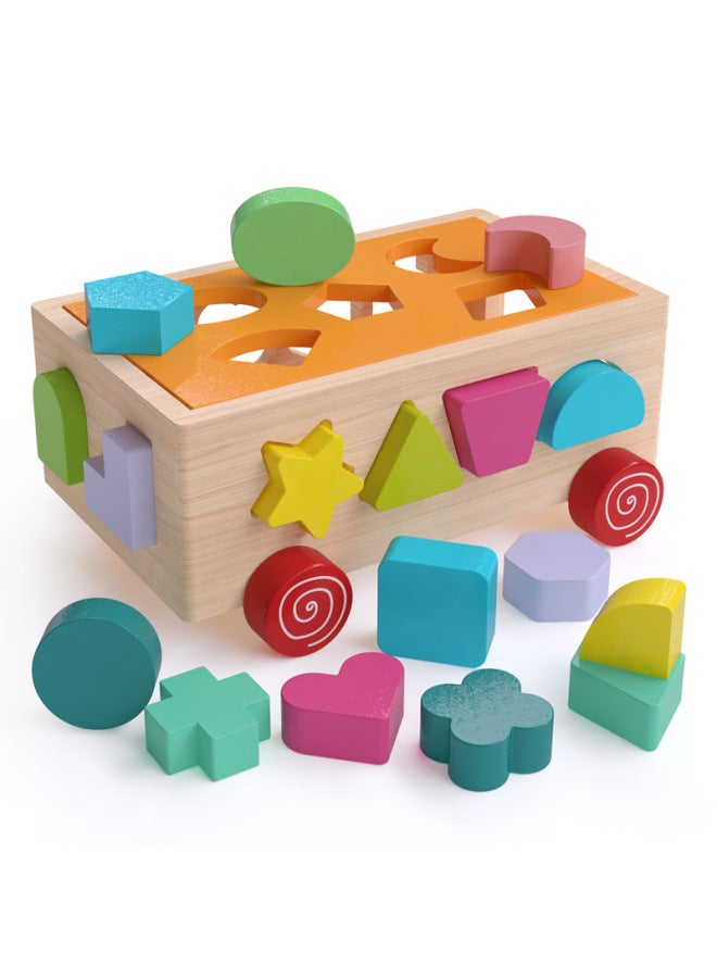 Baby Building Blocks Wood Assembled Shape Matching Toys For Infant Children Early Education 0-1 Year Old 2 Boys And Girls-Color:17-hole Shape Intelligence Box Can Drag The Car (color Cognition, Larg - Image 1