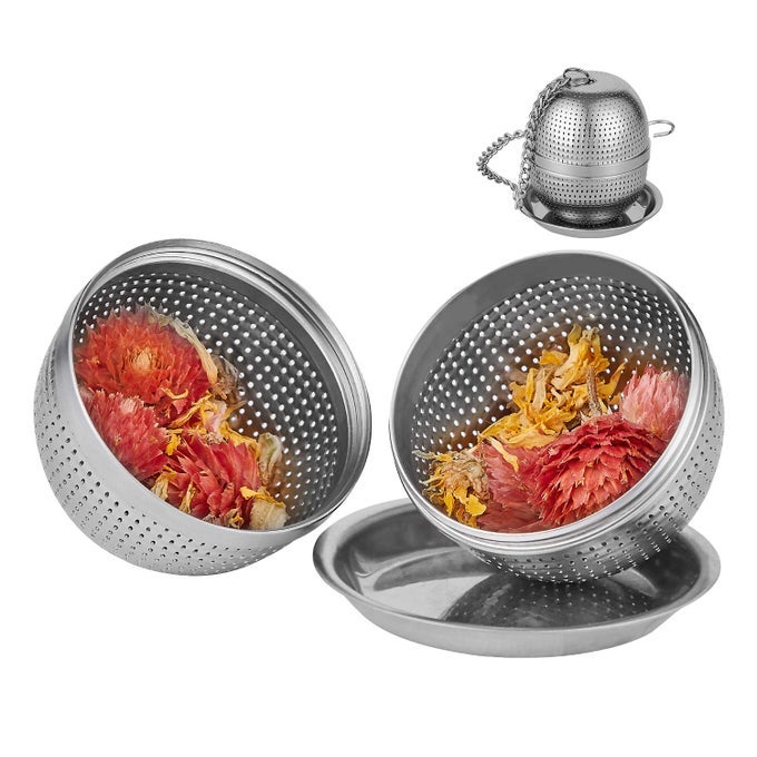TEA INFUSER BALLTEA STRAINER BALL FOR LOOSE LEAF TEA SPICE INFUSER STAINLESS STEEL MESH FINE THREADED CONNECTION 43 INCH CHAIN WITH DRIP TRAY
