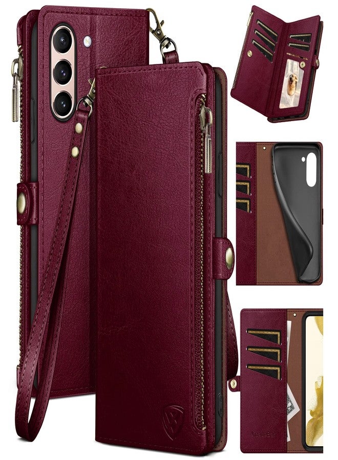 XcaseBar for Samsung Galaxy S21 Wallet case with Zipper Credit Card Holder【RFID Blocking】, Flip Folio Book PU Leather Phone case Shockproof Cover Women Men for Samsung S21 case Wine Red - Image 1