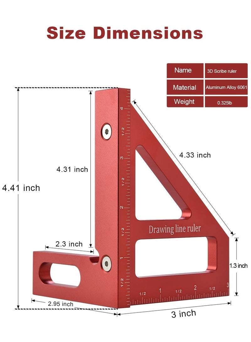 3D Multi Angle Measuring Ruler - 45/90 Degree Triangle Scriber Square Protractor, Miter Triangle Ruler Measuring Tool for Engineer Carpenter Woodworking Tool Aluminum Alloy(Red) - Image 5
