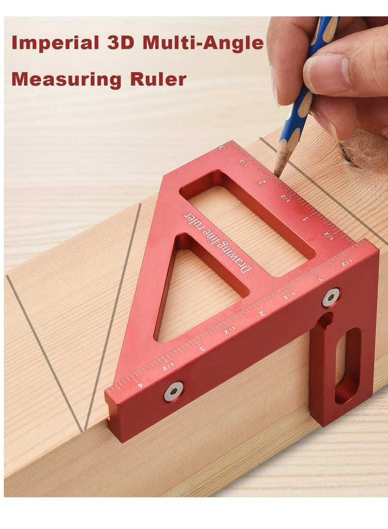 3D Multi Angle Measuring Ruler - 45/90 Degree Triangle Scriber Square Protractor, Miter Triangle Ruler Measuring Tool for Engineer Carpenter Woodworking Tool Aluminum Alloy(Red) - Image 4
