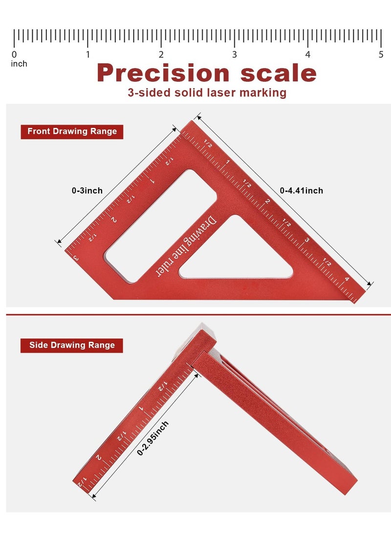 3D Multi Angle Measuring Ruler - 45/90 Degree Triangle Scriber Square Protractor, Miter Triangle Ruler Measuring Tool for Engineer Carpenter Woodworking Tool Aluminum Alloy(Red) - Image 3