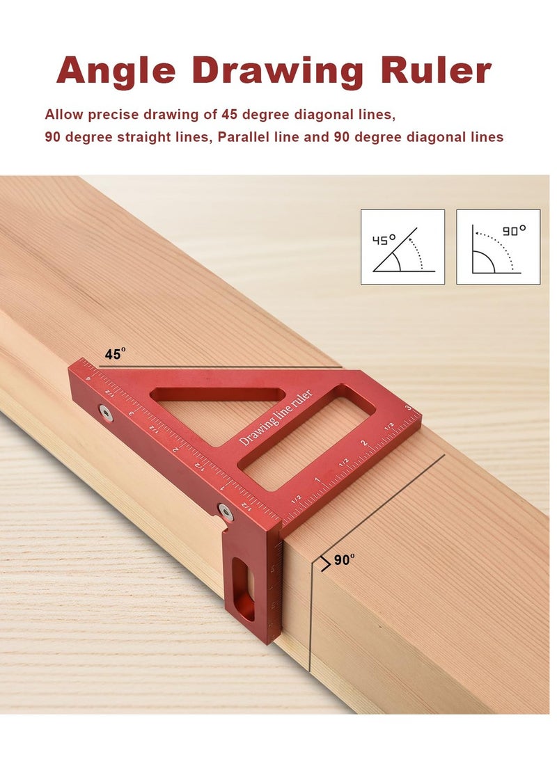 3D Multi Angle Measuring Ruler - 45/90 Degree Triangle Scriber Square Protractor, Miter Triangle Ruler Measuring Tool for Engineer Carpenter Woodworking Tool Aluminum Alloy(Red) - Image 2