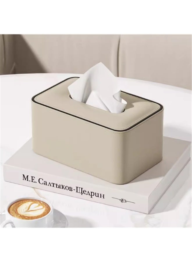 Tissue Box, PU Leather Tissue Holder with Lid, Facial Tissue Case Napkin Dispenser for Home Office Bathroom Bedroom Car, 19*12*10cm, Beige - Image 1