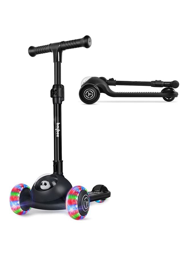 BAYBEE Panda Skate Scooter For Kids 3 Wheel Kids Scooter With Foldable 5 Height Adjustable Handle Baby Scooter With Led Pu Wheels Runner Kick Scooter For Children'S 3 To 10 Years Boys Girls Black - Image 1