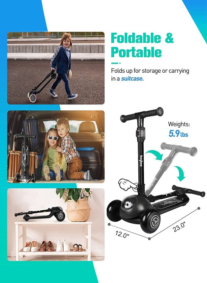 BAYBEE Panda Skate Scooter For Kids 3 Wheel Kids Scooter With Foldable 5 Height Adjustable Handle Baby Scooter With Led Pu Wheels Runner Kick Scooter For Children'S 3 To 10 Years Boys Girls Black - Image 4