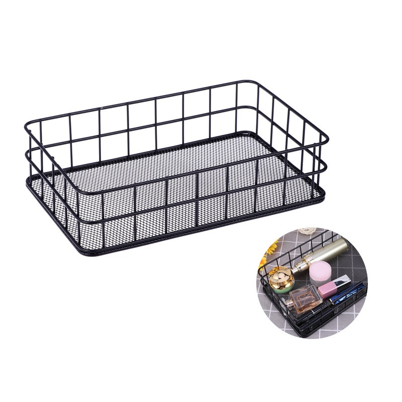 2 pcs Wrought Iron Storage Basket Mesh Sundries Container Desktop Cosmetics Organizer Household Supplies (Black) - Image 3