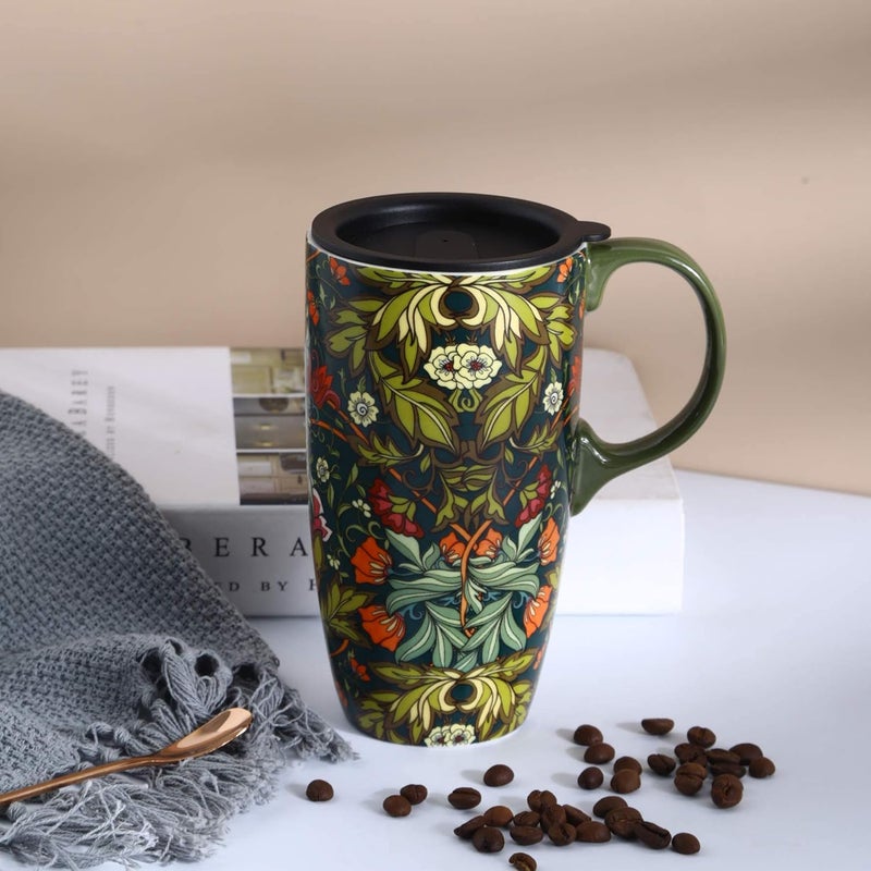DUSVALLY Ceramic Mug Large Coffee Cup Tall Travel Mugs Porcelain Latte Tea Cup with Lid 17ozGreen FlowersGifts for Mom - Image 5