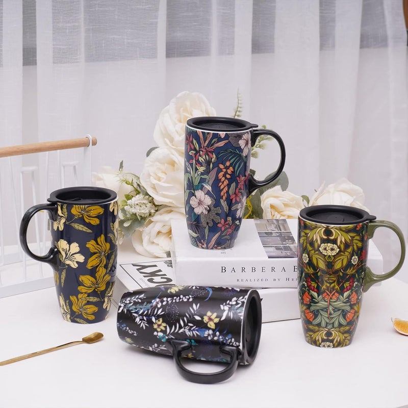 DUSVALLY Ceramic Mug Large Coffee Cup Tall Travel Mugs Porcelain Latte Tea Cup with Lid 17ozGreen FlowersGifts for Mom - Image 4