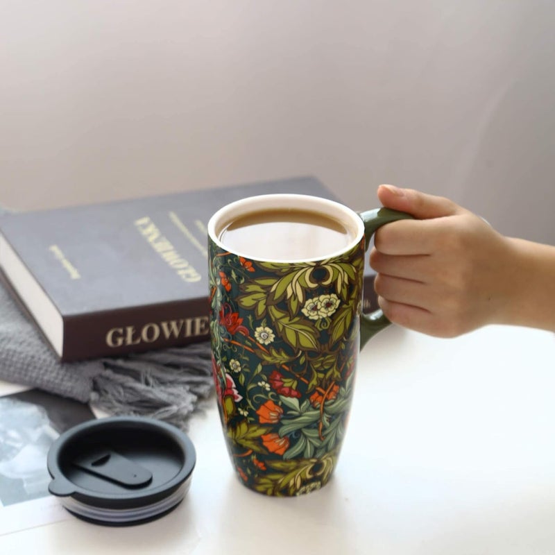 DUSVALLY Ceramic Mug Large Coffee Cup Tall Travel Mugs Porcelain Latte Tea Cup with Lid 17ozGreen FlowersGifts for Mom - Image 2