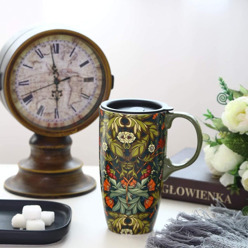 DUSVALLY Ceramic Mug Large Coffee Cup Tall Travel Mugs Porcelain Latte Tea Cup with Lid 17ozGreen FlowersGifts for Mom - Image 3