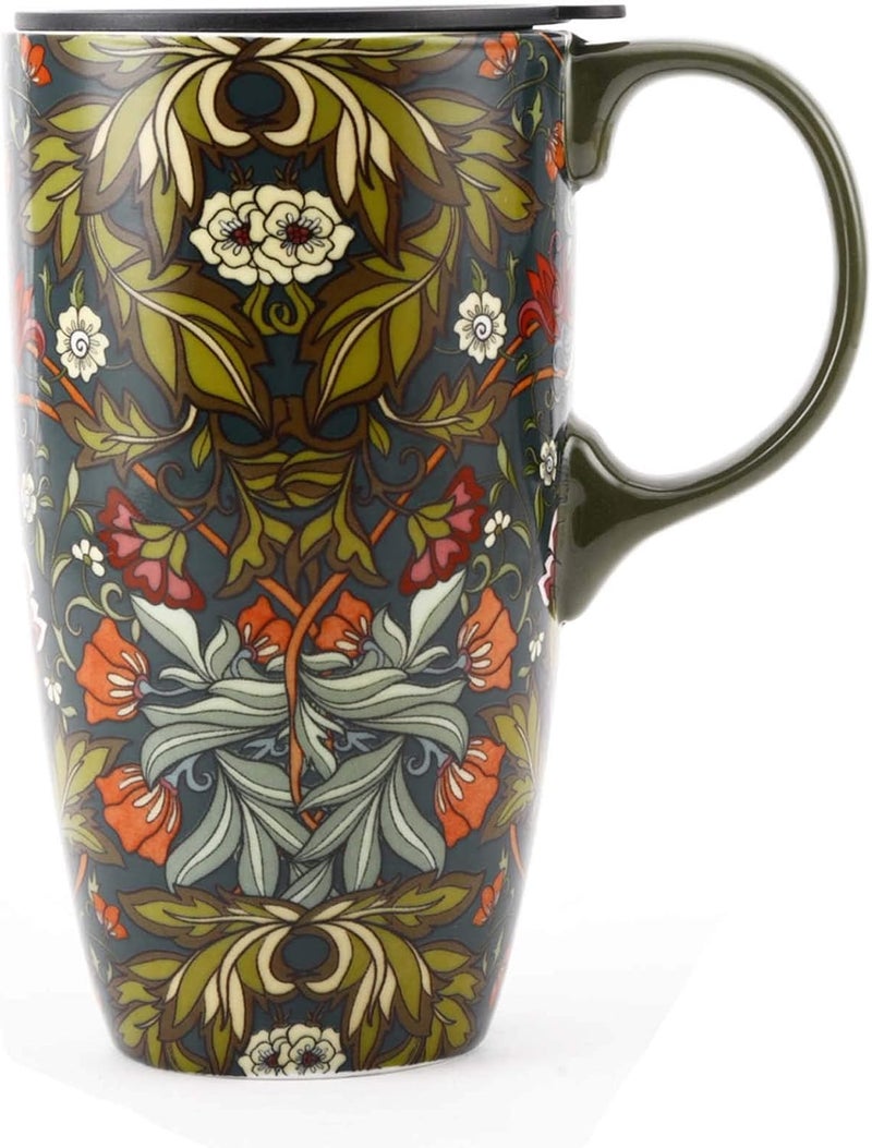 DUSVALLY Ceramic Mug Large Coffee Cup Tall Travel Mugs Porcelain Latte Tea Cup with Lid 17ozGreen FlowersGifts for Mom - Image 1