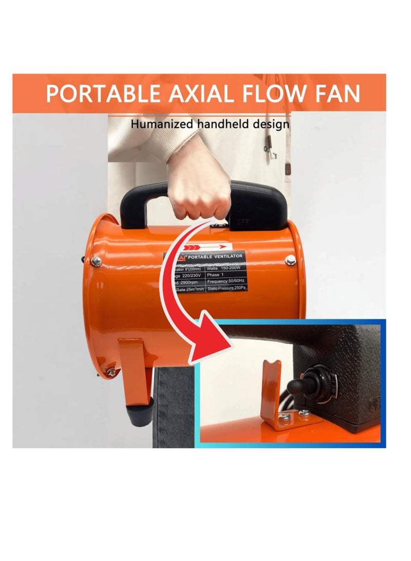 بوناي مروحة شفط صناعية BONAI مقاس 8 بوصات – منفاخ محوري عالي السرعة ومحمول بمقبض، 2900 دورة/دقيقة، بقوة 150-200 واط، مروحة لتدوير الهواء للمستودعات والمصانع والأقبية - Image 5