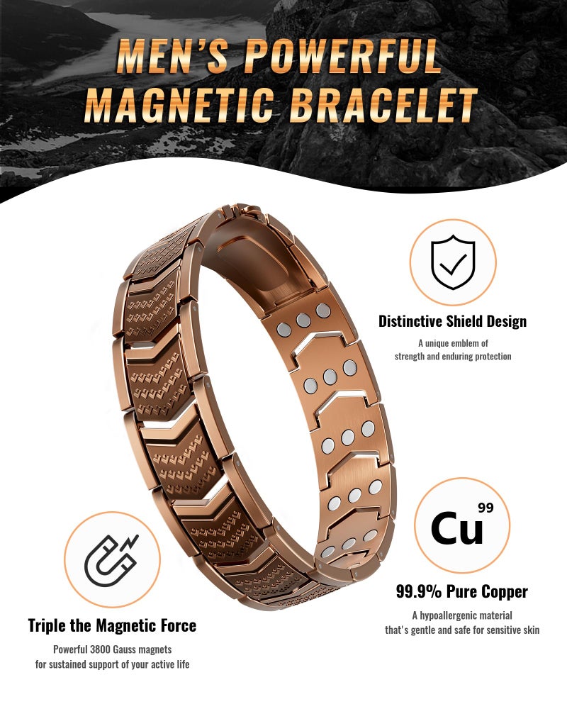 vapeples Copper Bracelet for Men,3X Magnetic,3800 Gauss,99.99% Pure Copper Magnetic Bracelets for Men, Power Balance,Shield Design,Gift Box Packaging With Adjustment Tool - Image 2