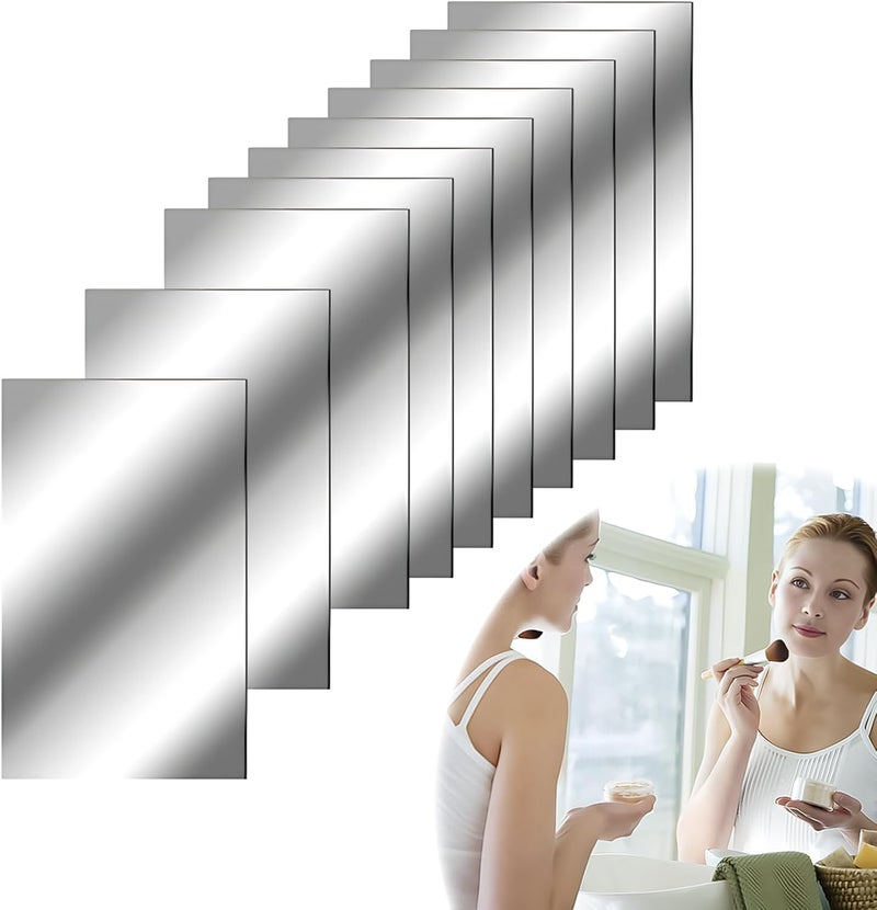 10 Pcs Mirror Tiles, Self Adhesive Mirror Stickers Acrylic Mirror Sheet Flexible Non Glass Mirror Wall Sticky Tiles Bathroom Mirror Stick on Wall Mirror Stickers for Home Wall Decor, 4 * 6 in - Image 1