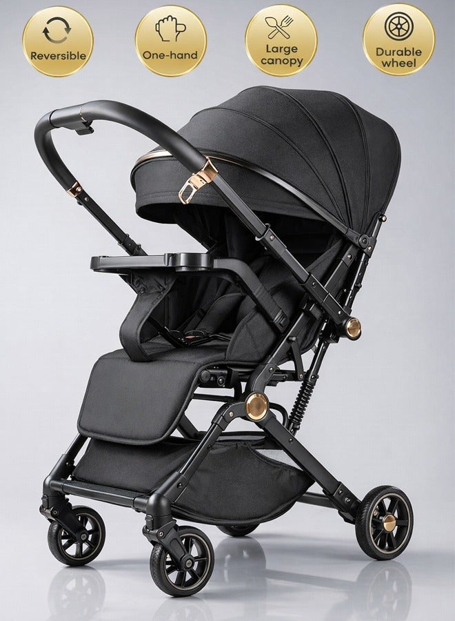 hibobi Two-Way Baby Stroller | Excellent Shock Absorber | Front and Parent Facing | Large Canopy and Seat | 5-Point Harness  | Large Basket | Quick Folding | 0-60 Months |Black - Image 1