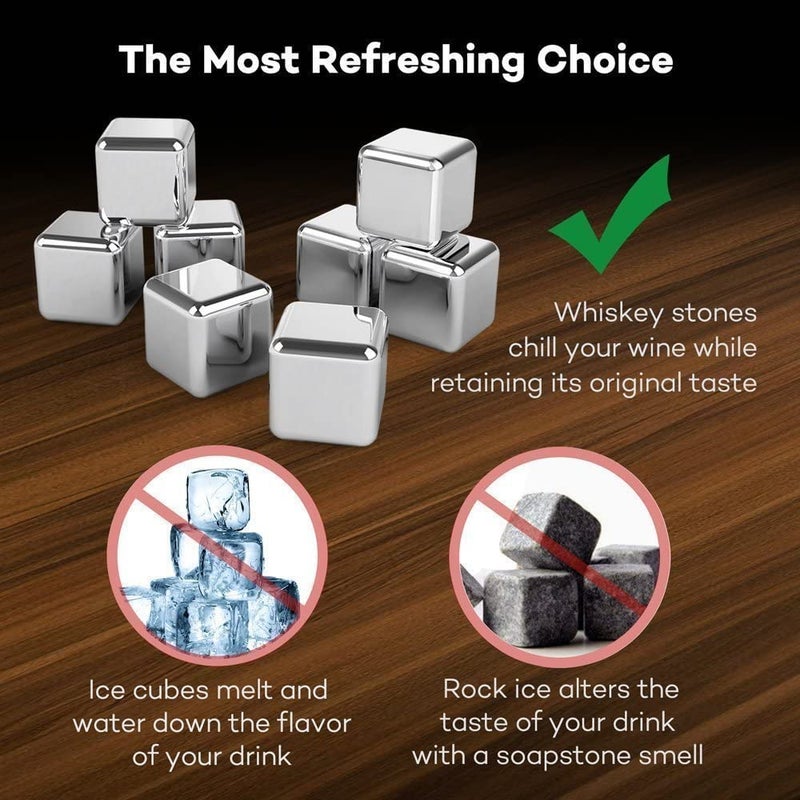 Hypexa Whiskey Stones Reusable Drink Coolers Metal Stainless Steel Ice Cube Stone Chilling Rocks with Storage Box Ice Clip Set of 8 - Image 3