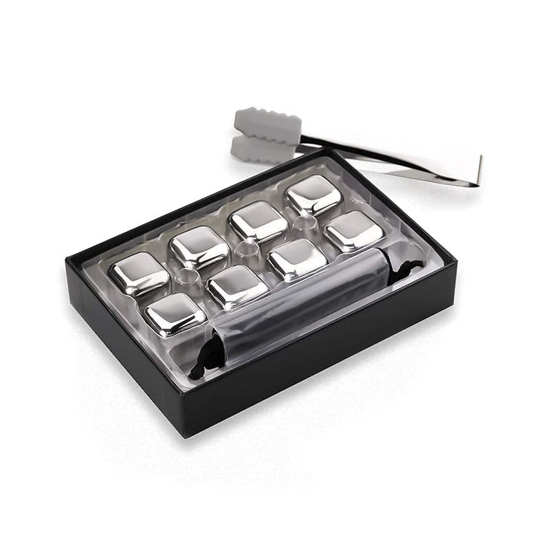 Hypexa Whiskey Stones Reusable Drink Coolers Metal Stainless Steel Ice Cube Stone Chilling Rocks with Storage Box Ice Clip Set of 8 - Image 1