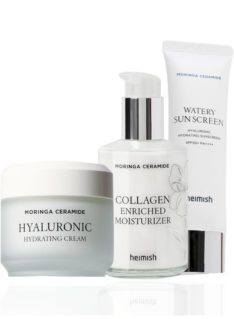 Heimish Dryness & Weak Skin Barrier Solution – Heimish Collagen Enriched Moisturizer, Hyaluronic Hydrating Cream & Hyaluronic Hydrating Watery Sunscreen SPF50+ Set for Deep Hydration & Daily Protection - Image 1