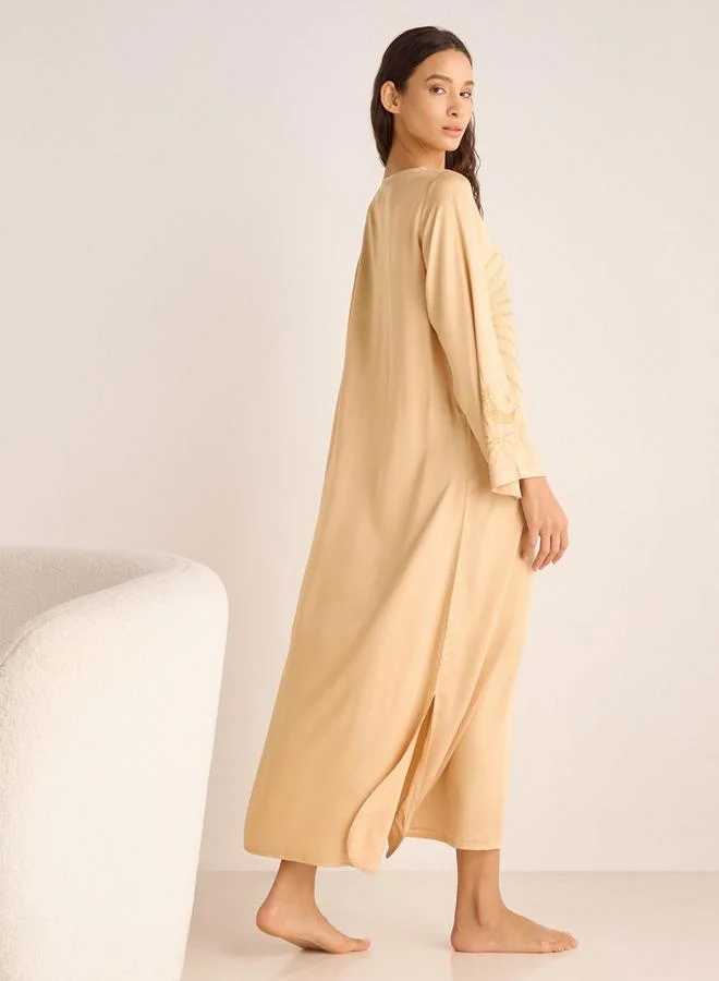 Splash FAV Embroidered Night Gown with V-neck and Long Sleeves