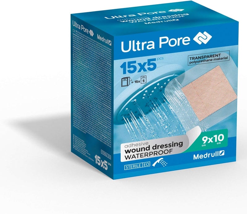 MEDRULL Ultra Pore Sterile Transparent Waterproof Adhesive Wound Dressing 75 Pieces, 10cm Length x 9cm Width - Image 1