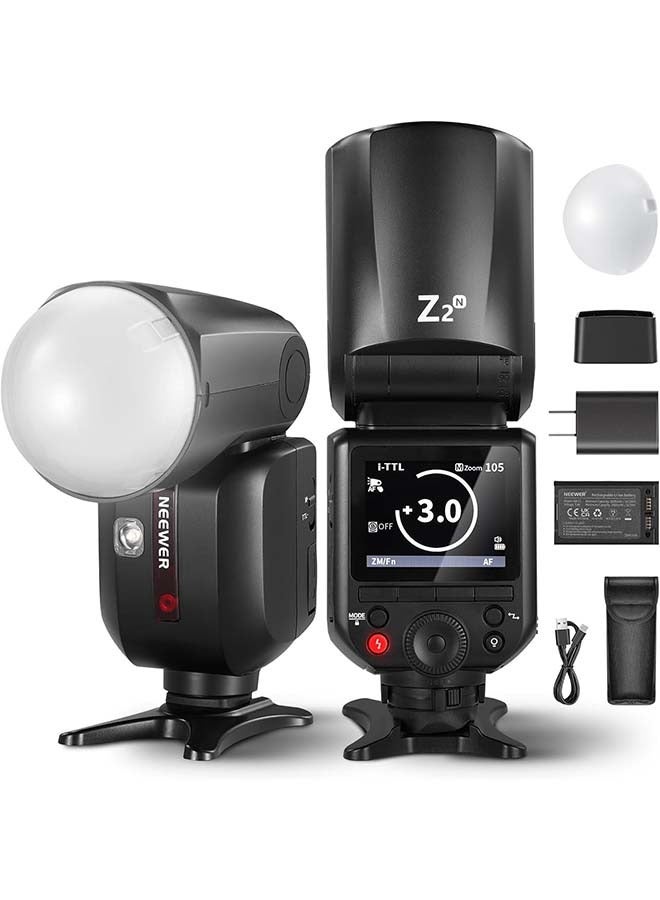 Neewer NEEWER Z2-N 2.4G TTL Round Head Flash Speedlite for Nikon, 76Ws Speedlight with Dome Diffuser, Upgraded UI, TTL/M TCM Toggle Key, 2 Modeling Lamps 1/8000s HSS 7.4V/2600mAh Battery 480 Full Power Flash  - Image 1