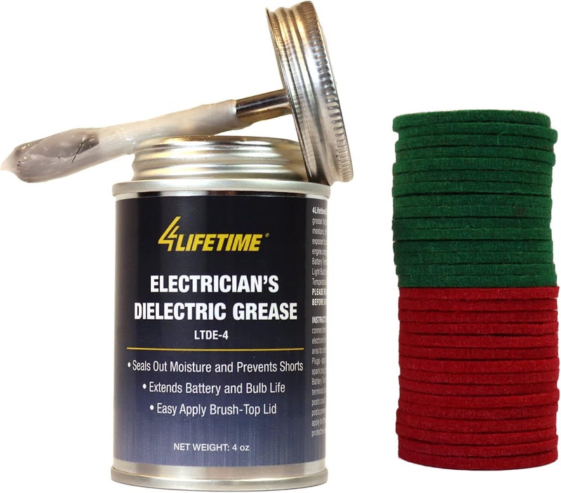 4LIFETIMELINES Dielectric Silicone Grease with Battery Terminal Post Washers - Waterproof and Non-Conductive Lubricant for Electrical and Automotive Applications - Easy Application 4oz Brush Top Can Low dust buildup - Image 1