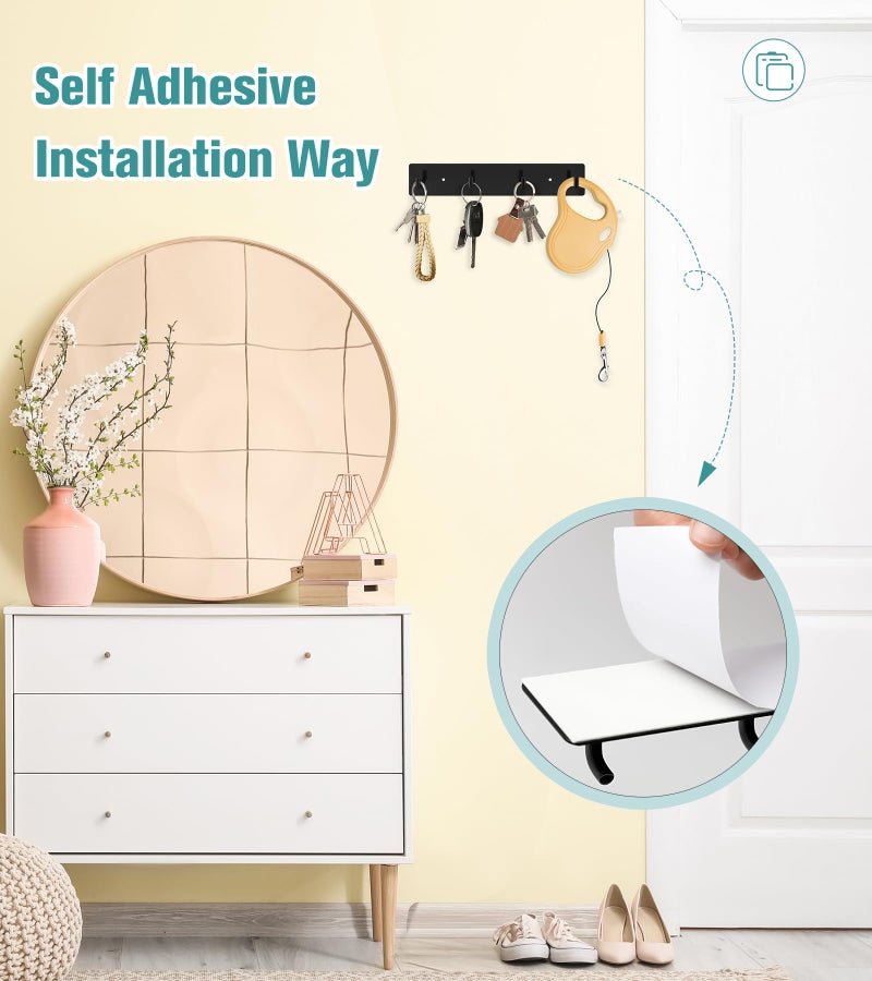 RELBRO Key Holder Wall Mount, Large Metal Self Adhesive Key Rack with 4 Hooks, 2 Installation Options, Black - Image 3