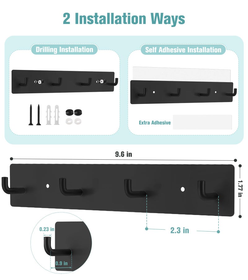 RELBRO Key Holder Wall Mount, Large Metal Self Adhesive Key Rack with 4 Hooks, 2 Installation Options, Black - Image 2