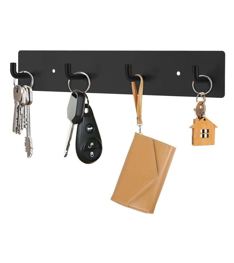 RELBRO Key Holder Wall Mount, Large Metal Self Adhesive Key Rack with 4 Hooks, 2 Installation Options, Black - Image 1