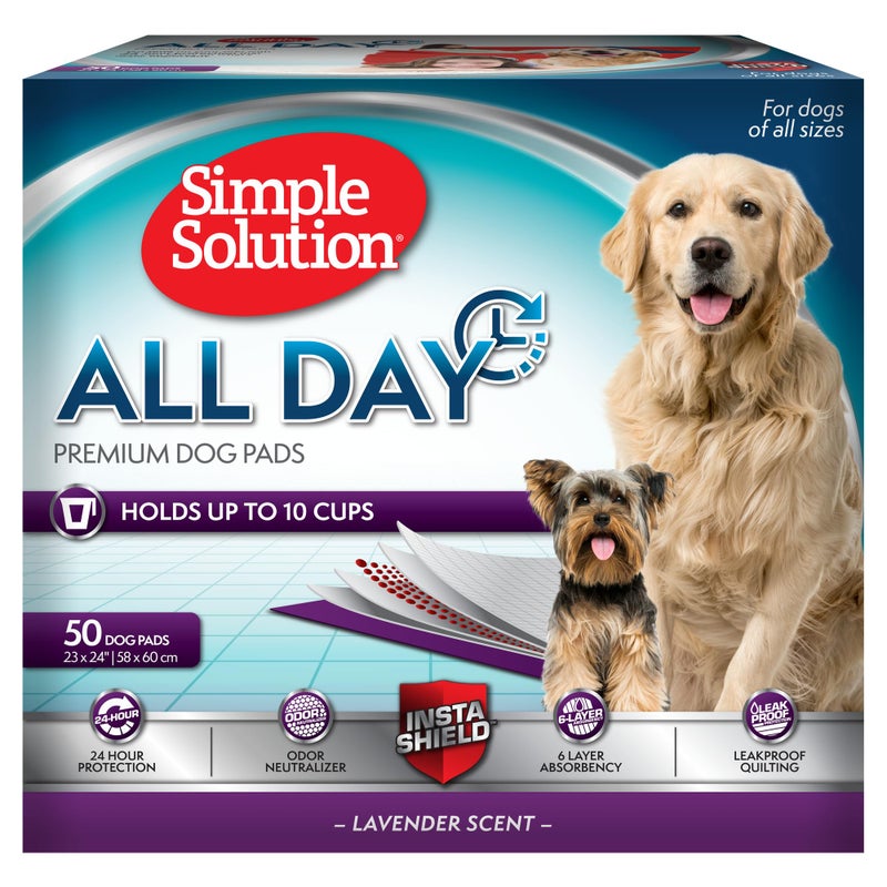 Simple Solution All Day Dog Pads, Disposable Puppy Training Pads with Lavender Scent, Leak Proof Pet Pee Pads for Indoor Potty Training, Odor Control, Quick Dry Floor Protection, 23"x24", 50 Count - Image 1