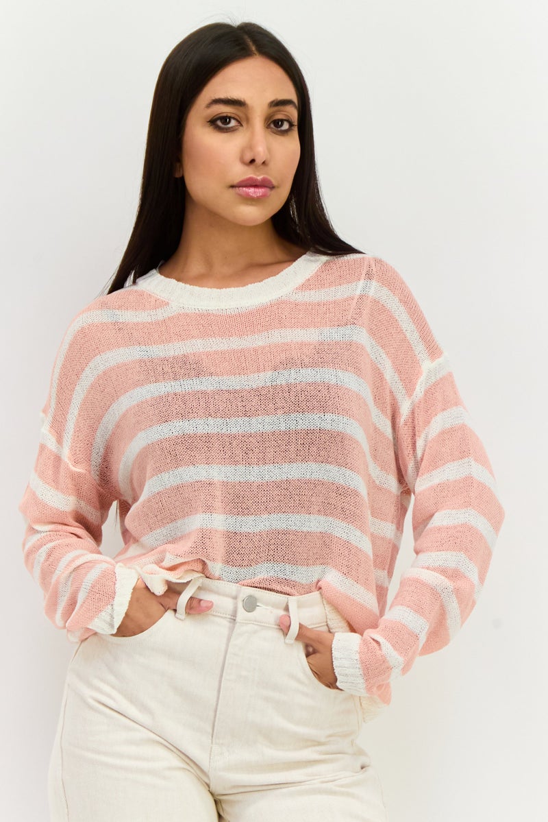 Sadie & Sage Women Round Neck Long Sleeves Stripe Sweater, Pink  - Image 1