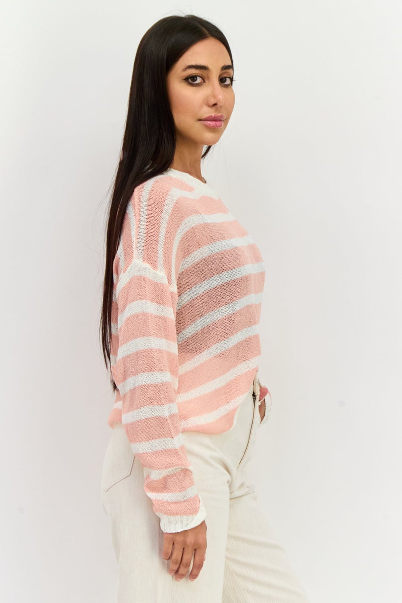 Sadie & Sage Women Round Neck Long Sleeves Stripe Sweater, Pink  - Image 2