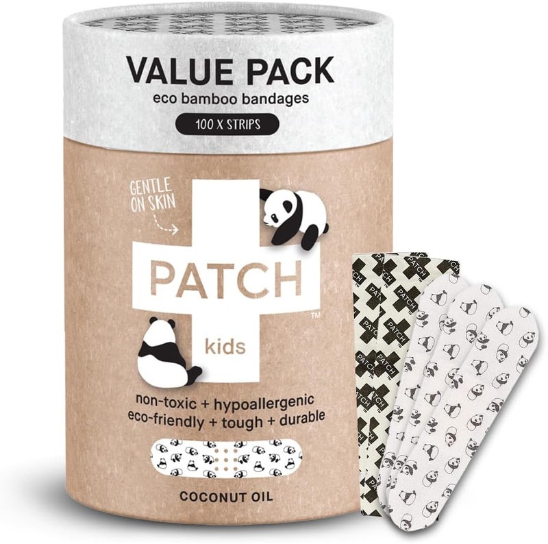PATCH 100 Pieces Coconut Oil Value Pack Kids Panda EcoFriendly Bamboo Adhesive Bandages for Scratches  Grazes Hypoallergenic Wound Care for Sensitive Skin Biodegradable Latex  Plastic Free - Image 1