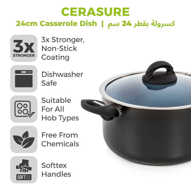 Tower Cerasure 5.8L (24cm) Aluminium Non-Stick Ceramic Casserole Dish with Glass Lid | Healthy Cooking Pot | All Kitchen Stovetop Compatible | Dishwasher Safe | PFOA Free Cookware Pan | Graphite Grey - Image 2