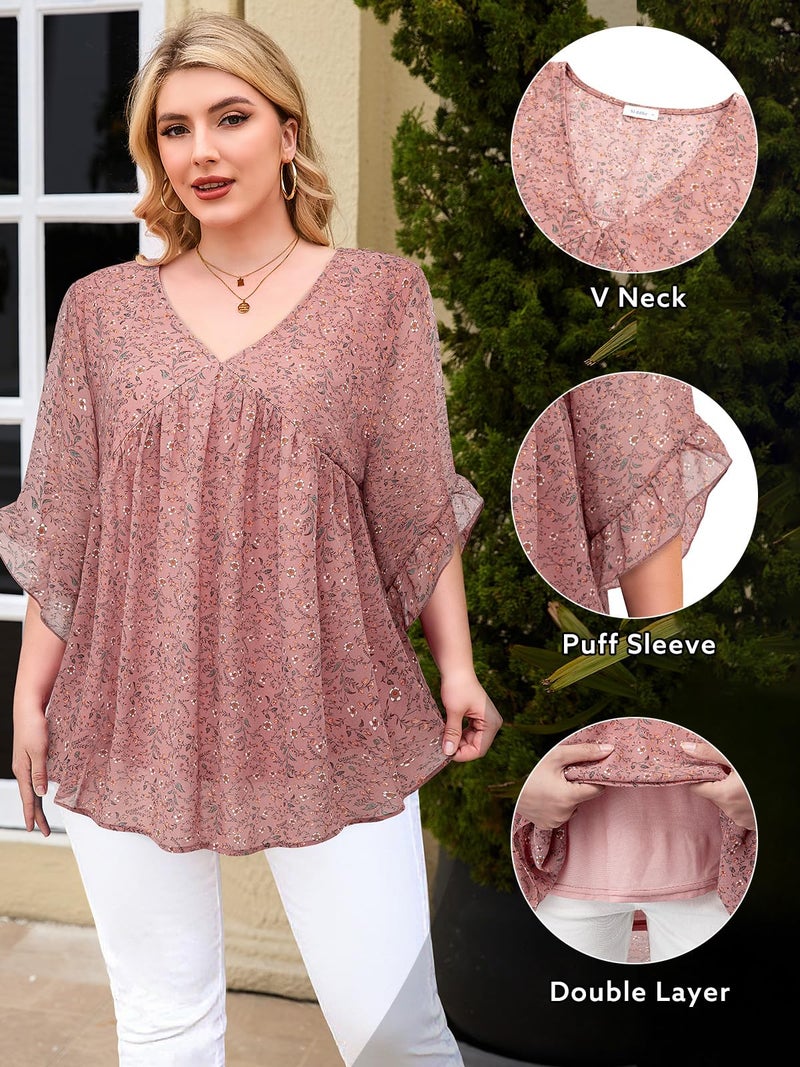 Siddhe Plus Size Tops for Curvy Women 2025 Fall V Neck Business Casual Blouse Peasant Peplum Empire Waist Tunics Double Layered Tops Pleated T-shirt Hide Belly Wedding Party Dressy Date Pink Flowers 3XL - Image 4