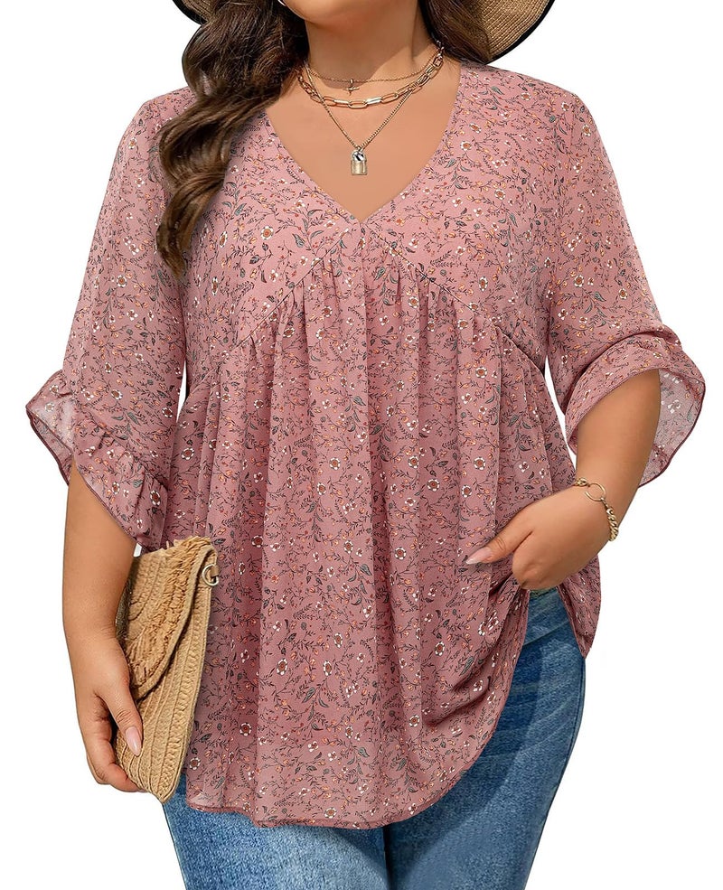 Siddhe Plus Size Tops for Curvy Women 2025 Fall V Neck Business Casual Blouse Peasant Peplum Empire Waist Tunics Double Layered Tops Pleated T-shirt Hide Belly Wedding Party Dressy Date Pink Flowers 3XL - Image 1