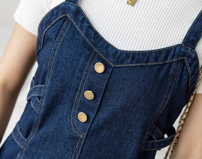 CHARTOU Women's Elegant Straps Back Smocked A-Line Long Skirt Denim Overall Pinafore Dress (Large, Blue) - Image 3