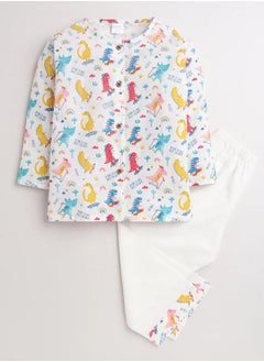 Polka Tots Polka Tots Full Sleeves Night Wear Dinosaur Kurta Pyjama - White  - Image 1