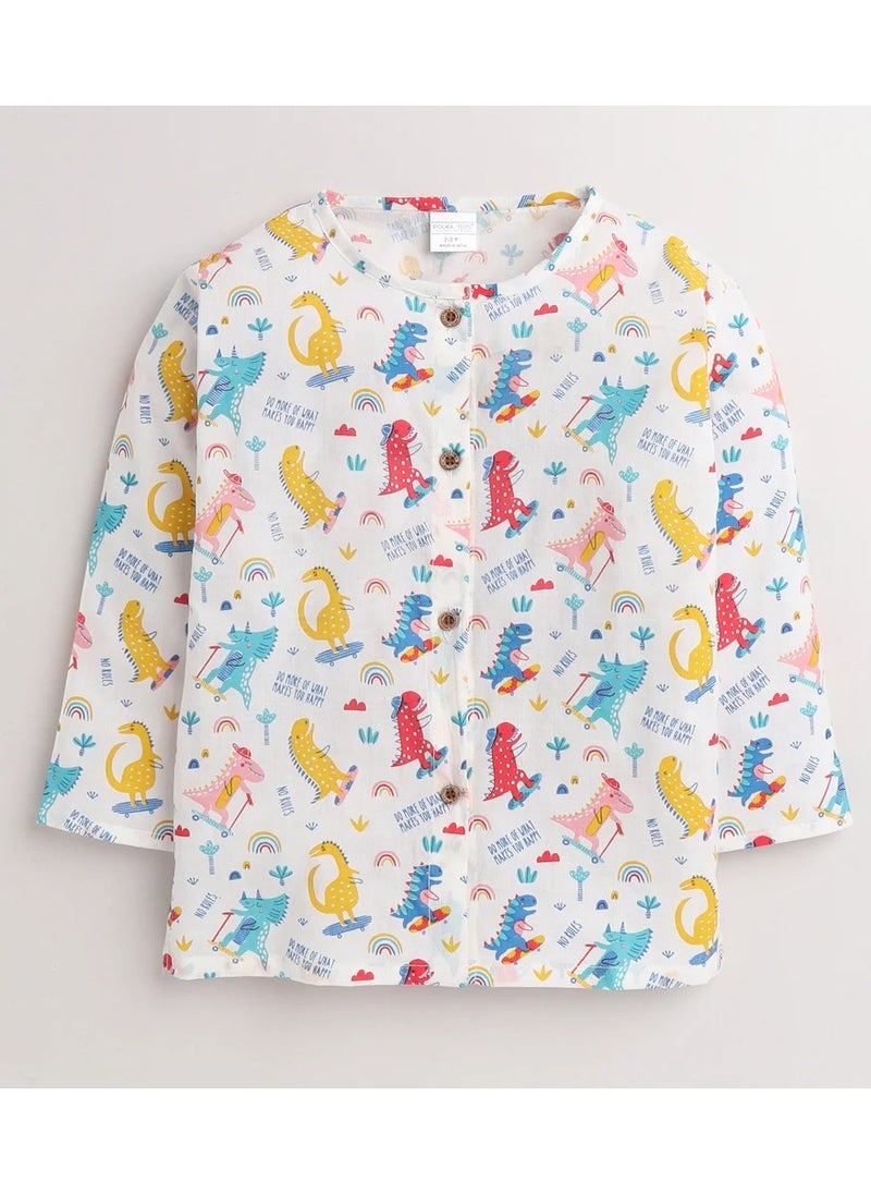 Polka Tots Polka Tots Full Sleeves Night Wear Dinosaur Kurta Pyjama - White  - Image 2
