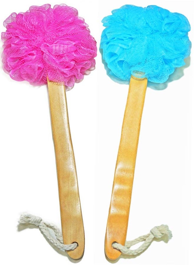 JINS-Hung Shower Loofah Body & Back Scrubber - Exfoliating Loofah Bath Brush On a Stick - with Long Wooden Handle Back Brush for Men & Women - Easy Reach Body Wash & Lotion Applicator（ 2 Pack- Blue&Red） - Image 1