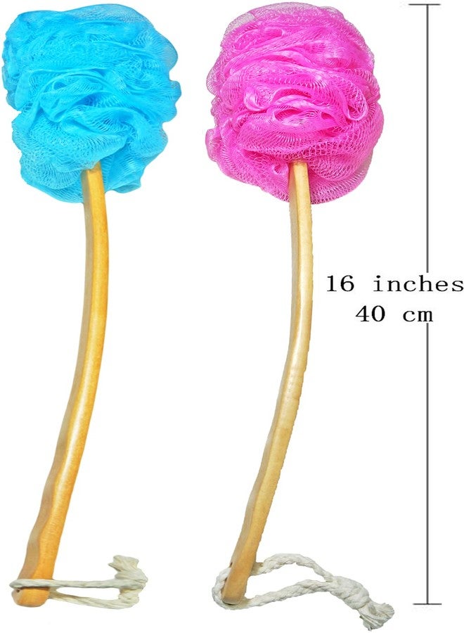 JINS-Hung Shower Loofah Body & Back Scrubber - Exfoliating Loofah Bath Brush On a Stick - with Long Wooden Handle Back Brush for Men & Women - Easy Reach Body Wash & Lotion Applicator（ 2 Pack- Blue&Red） - Image 3