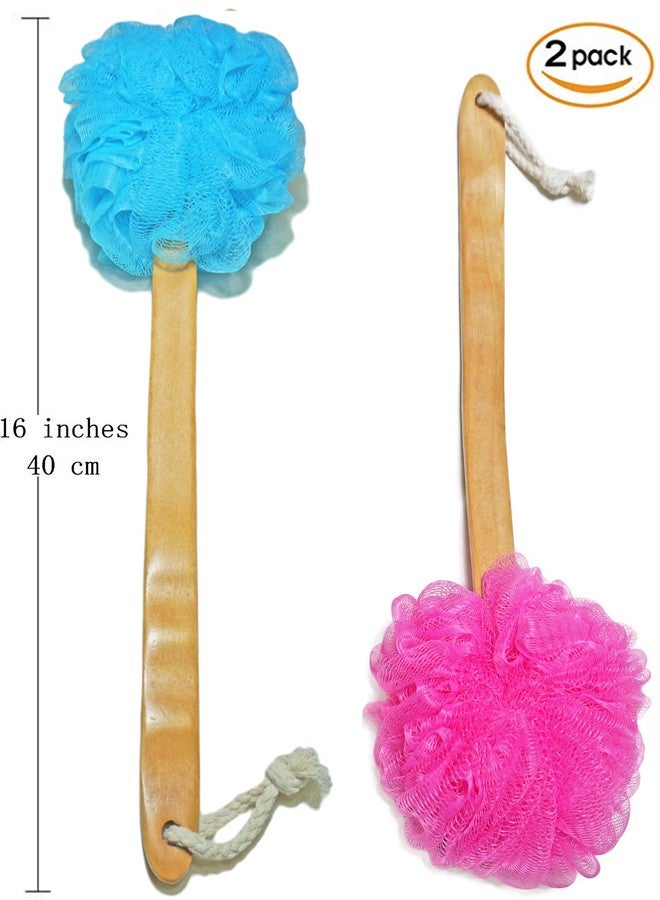 JINS-Hung Shower Loofah Body & Back Scrubber - Exfoliating Loofah Bath Brush On a Stick - with Long Wooden Handle Back Brush for Men & Women - Easy Reach Body Wash & Lotion Applicator（ 2 Pack- Blue&Red） - Image 2