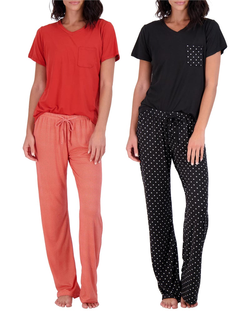 Real Essentials 2 Pack Womens Pajama Set Choose from Short Sleeve with Pocket or Long Sleeve without Pocket