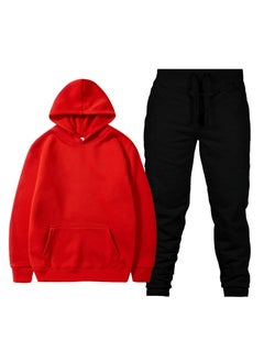 Spring New Glboard Solid Color Hooded Sweatshirt Casual Pants Fleece-Lined Pulloversuit Mens Sets Red clothes + black pants